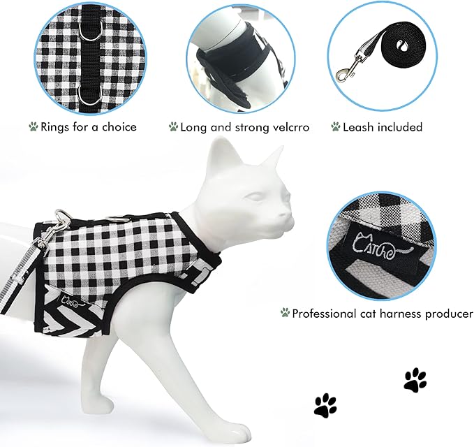 Cat Harness and Leash for Walking Escape Proof, Adjustable Cat Vest Harness, Padded Stylish Cat Walking Jackets, Black Plaid, X-Small