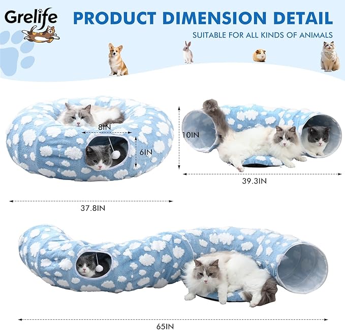 Grelife Cat Tunnel Bed for Indoor Cats, Cute Cat Tunnel Toys, Cat Donut Tunnel Toys with Washable/Removable Cushion, Non-Slip Base, for Cats, Kittens, Small Pets(33.5")