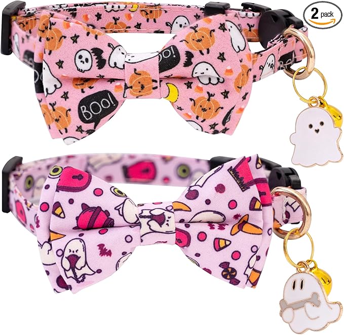 Faygarsle 2 Pack Breakaway Cat Collar Collection - Ghosts Pattern Cat Collar with Bell - Seasonal Holiday Bowtie - Fall - Pink, Purple
