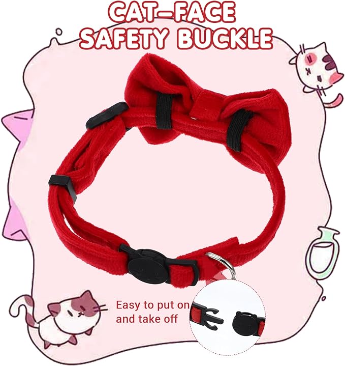 2pcs Red Cat Bowtie Collar, Cat Collar with Bells, Cats Bow Tie, Small Pet Safety Wedding Valentine's Day Basic Pure Color Suede Soft Adjustable 7-13 Inches