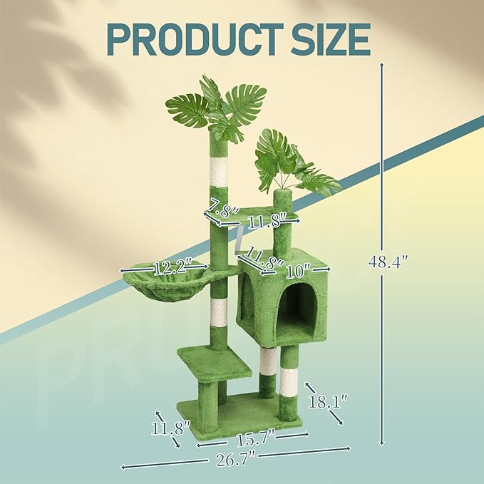 50in Plush Cat Tree with Leaves, Multi-Level Cat Tower with Condo, Hammock & Sisal Scratching Posts, Large Indoor Cat Activity Center for Kittens Under 10lbs, Green Pet Playground Furniture