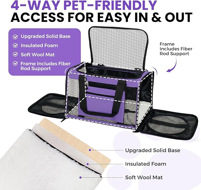 Soft-Sided Cat Carrier Expandable Pet Carrier Airline Approved Mesh Zipper with Lock Travel Carrier Up to 15lbs for Cats Dogs Collapsible Escape-Proof with Strap (18x11x11 Purple-L)