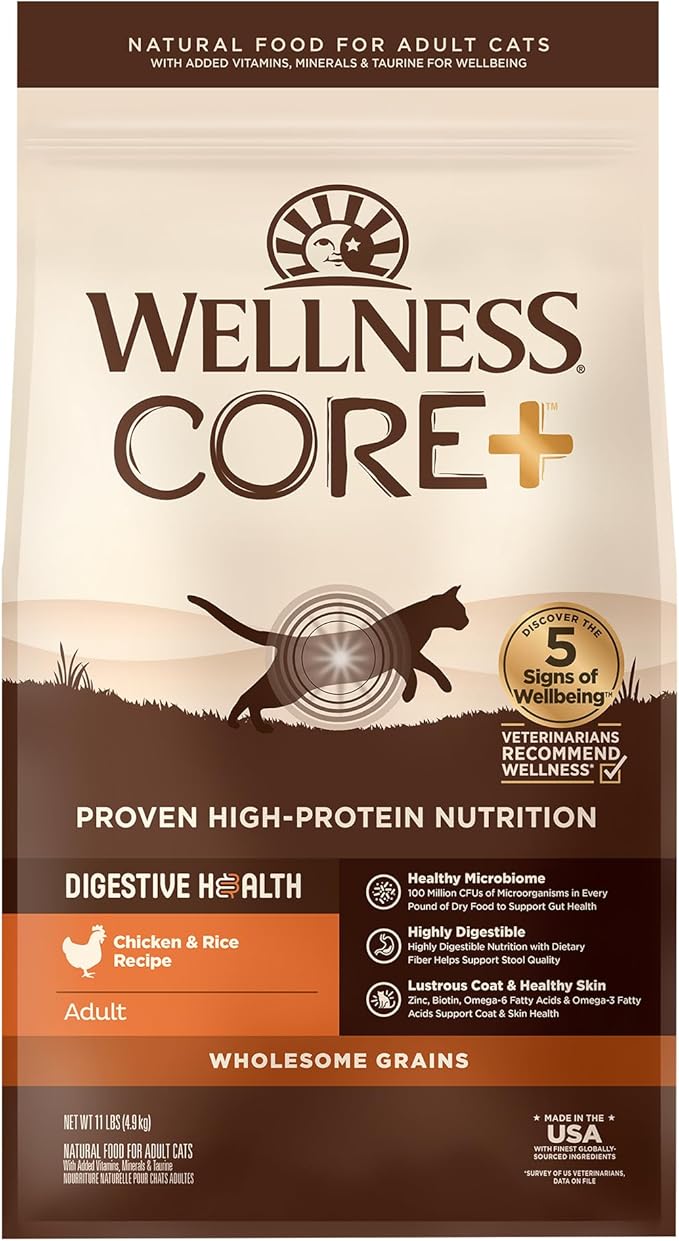 Wellness CORE+ Adult Dry Cat Food, Natural, Wholesome Grains Kibble, Digestive Health Chicken and Rice Recipe, 11 lb Bag