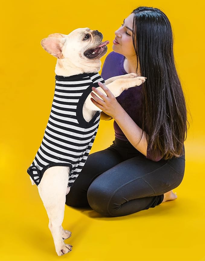 Dog Recovery Small Suit,for Female Male Surgery,Spay,Neuter Recovery Clothes,Zipper Closure Cotton Striped Wounds Protect Suit,Black Striped Small