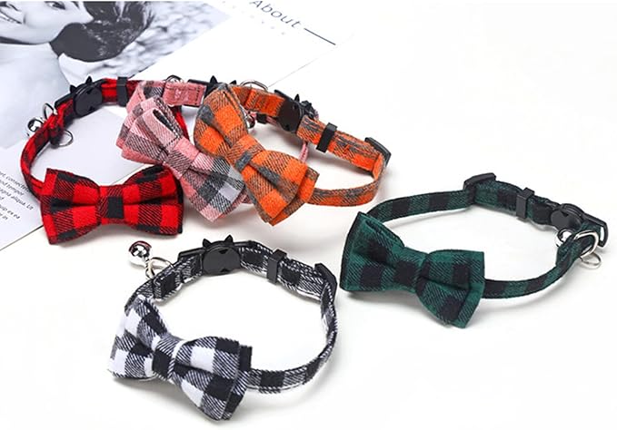 BRT Bearingshui Cat Collars Breakaway with Bow Bell, 8 Pack Kitten Collar Plaid Cat Collar, Adjustable Cute Plaid Safety Kitty Collars for Birthday Pet Party Supplies