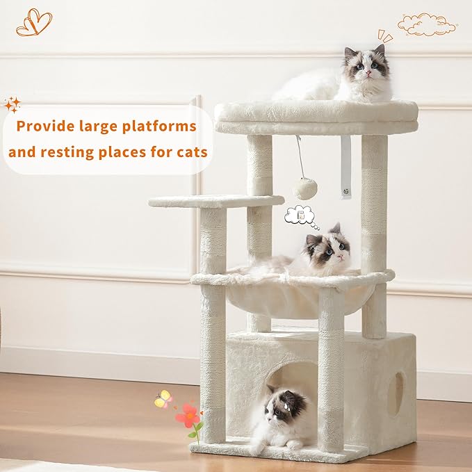 Heybly Cat Tree, Kitten Tower with Large Soft Cat Basket,Cat Condo with Spacious Cat Bed Cave with Hidden Space，Sisal-Covered Scratching Posts,Dangling Ball for Indoor Cats, Beige HCT008SM
