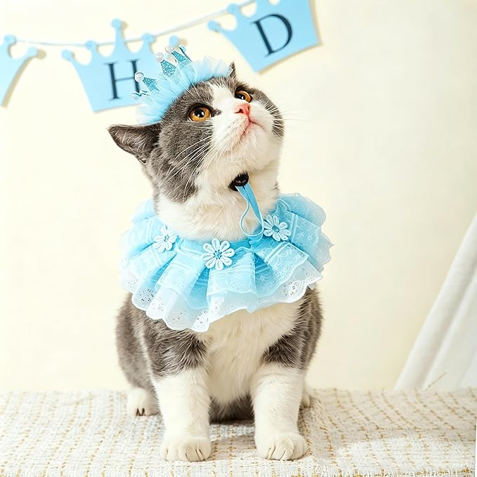 Cat Princess Costumes Cat Crown Hat & Lace Bandana Scarf Set, Puppy Party Hat for Small Dogs & Cats, Lace Outfit for Cats and Small Dogs Birthday Party (Blue)
