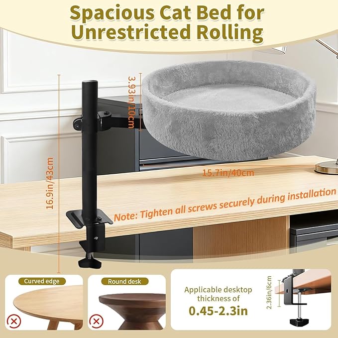 Cat Desk Bed,360° Rotating & Height Adjustable Desk Cat Bed,Space Saving Modern Indoor Cats Nest Furniture Cozy Faux Fur Pet Nest Perch Hammock for Various Desktops,15.7" L*15.7" W*16.9" H,Grey