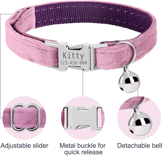 Personalized Cat Collar with Name Plate,Adjustable Tough Nylon Cat ID Collars with Bell,Customize Engraved Pet Name and Phone Number (Velvet Style B)