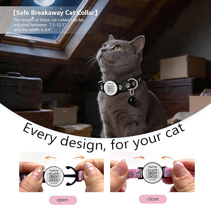 Peace of Mind Cat Collar 2-Pack: QR Code Tag with Permanent Online ID + Breakaway Reflective Collar, Scan for Immediate Contact if Lost (Pink & Black)