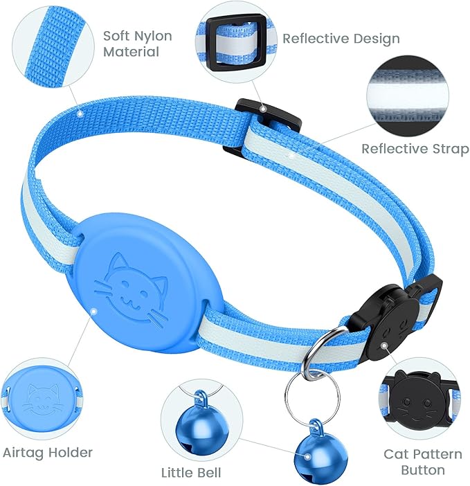 Upgrade Airtag Cat Collar, Reflective Kitten Cat Collar with Bell and Airtag Holder Compatible with Apple Airtags