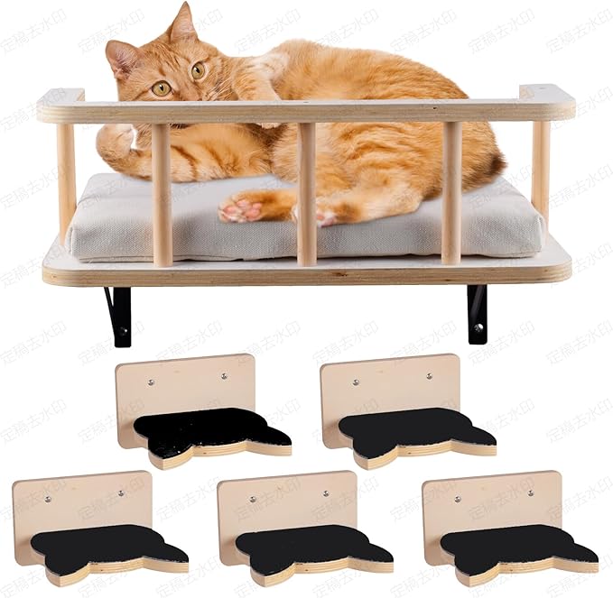 Large Cat Wall Shelves with 5 Steps - Heavy Duty Cat Wall Furniture, Climber, Shelves & Perches with Comfy Cushion & Guardrails, Space-Saving for Indoor Cats(Dark)