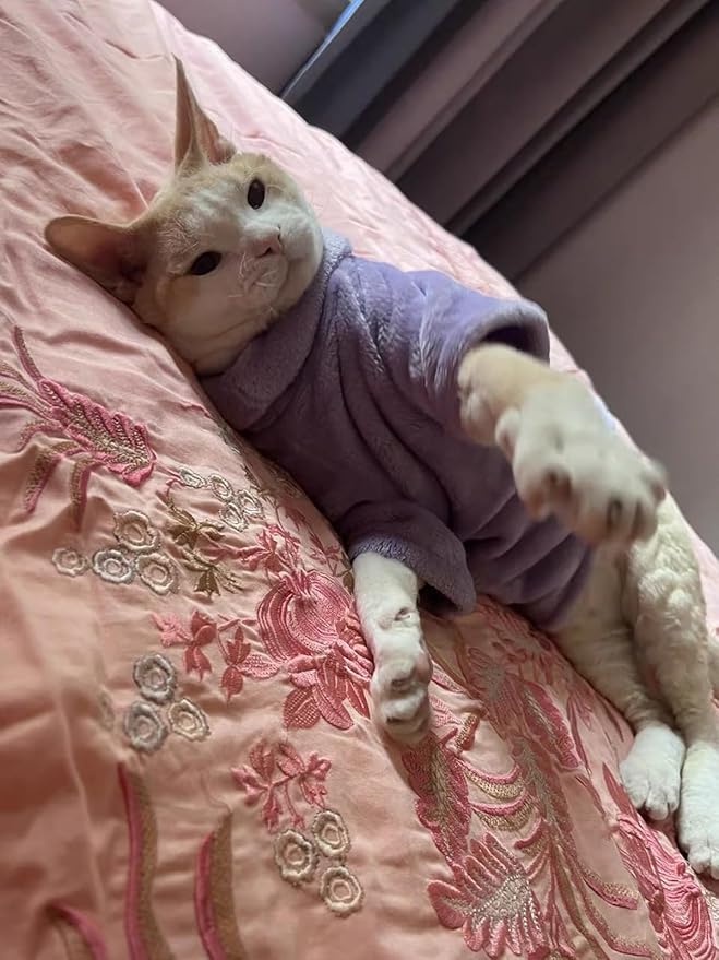 Sphynx Cat Clothes Winter Turtleneck Soft Coral Fleece Cat Clothes Thicken Warm Pajamas Coat for Hairless Cats and Small Cat Apparel with Sleeves (Taro Purple, XL (9.3-12.7lbs)