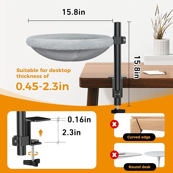 On/Under Cat Desk Bed - 360°Rotation & Adjustable Mount Perch Cats Hammock Up to 50 lbs Cat Furniture for Office Desks and Game Tables with 2 Soft and Breathable Dual-Sided Reversible Mat