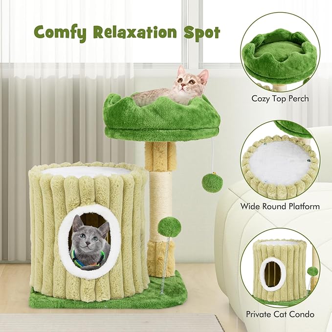 Tangkula Small Cat Tree, Green Cat Tower with Private Cat Condo, Plush Top Perch, Hanging Pompom & Spring Toy, Sisal Scratching Post, Cute Cat Climbing Tree for Indoor Cats