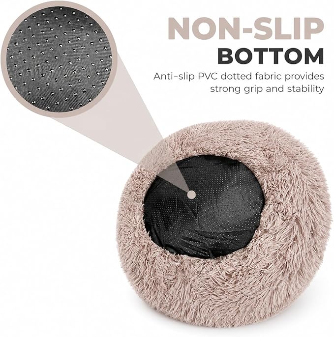 Whiskers & Friends Cat Beds for Indoor Cats, Fluffy Calming Donut Cat Bed, Small Dog Bed Washable - Orthopedic Soft Plush Pet Beds Sized for Kitten to Large Cats & Puppy to Small Dogs - Beige Brown