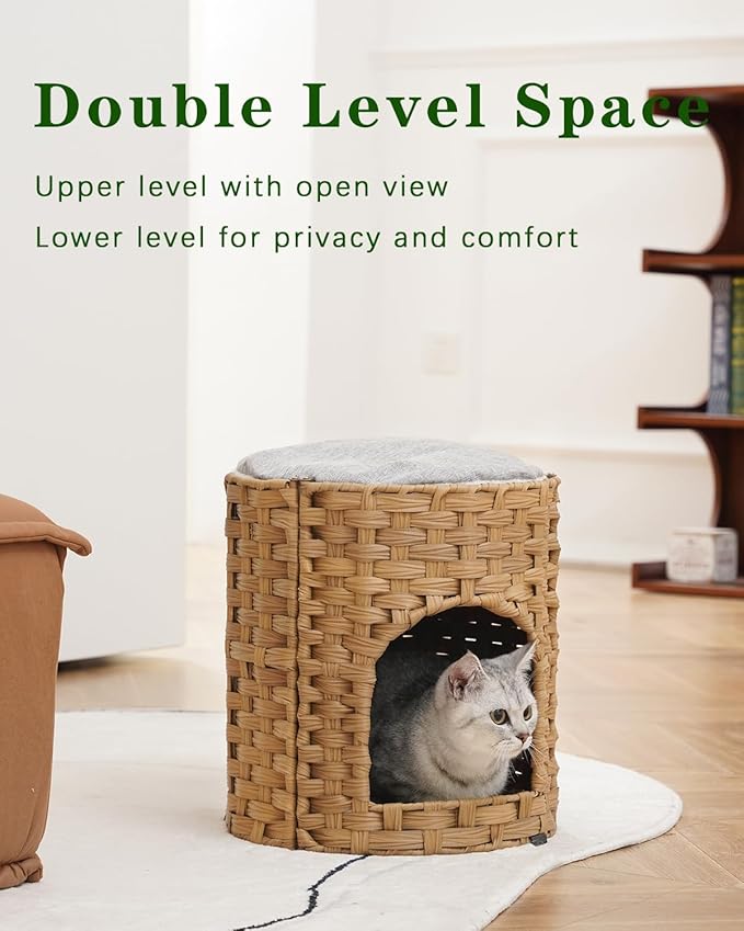 SETVSON Cat House for Indoor Cat, Small Cat Houses Handwoven PE Rattan Kitten Cave, Pet Kitten Bed Covered, One Bed Pad, 13 x 13 x 13.7 Inches, Foldable Hideaway in Living Room Gray
