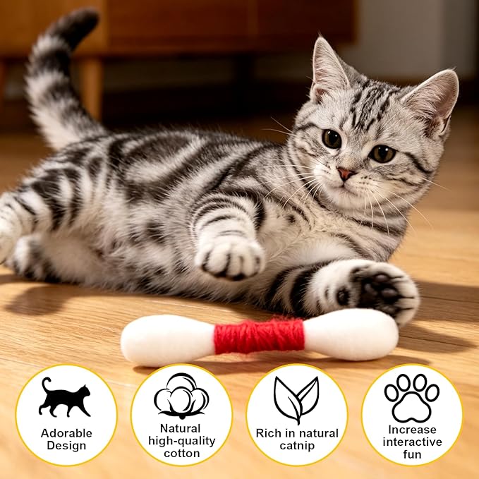 6 Pk Cotton Swab Cat Toy with Catnip, Giant Cat Qtip Toy Chew Sticks for Indoor Boredom, Big Interactive Felt Kitty Kicker Play Lover Gift Accessories1 (Mixed)