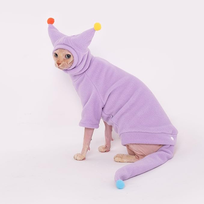 Sphynx Cat Clothes, Warm Cat Jumpsuit with Hat and Tail Cover, Full Set for Hairless Cats, Cornish Rex and Devon Rex (Purple, M(4.5-5.5lbs))
