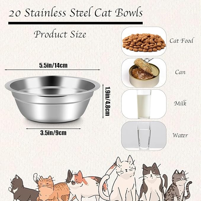 Stainless Steel Cat Bowls, 20 Pcs Cat Food Bowls Cats Feeding Dishes, Whisker Fatigue Cats Bowls Small Pet Bowls for Dogs Cats and Other Small Animals, 5.5 Inch