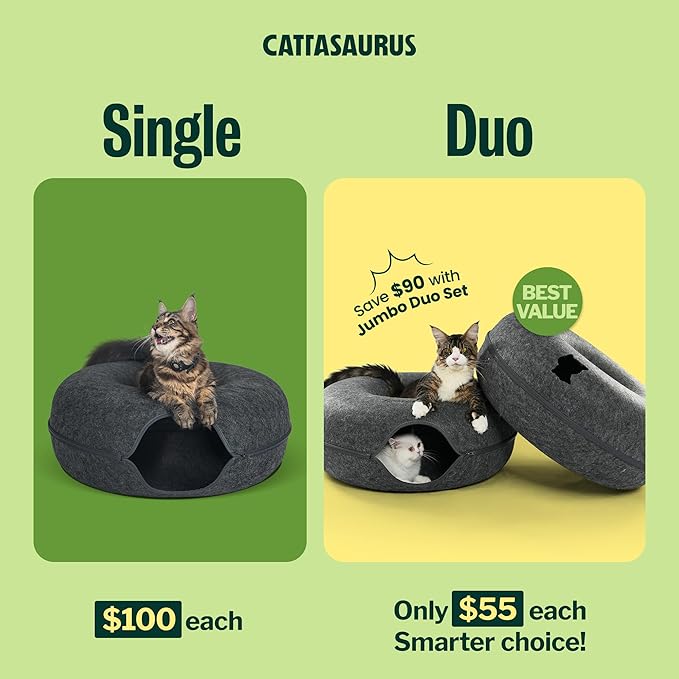 Cattasaurus Peekaboo Cat Cave Duo Jumbo Set, Extra Spacious Cat Donut for Multiple & Large Kitty 15+ lbs, Scratch Detachable Cat Beds for Indoor Cats, Washable Cat Tunnel Bed, Best Kitten Toys