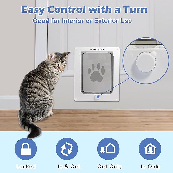 Wordcam X-Large Cat Door, Cat Door for Interior Exterior Doors, 4 Way Locking Pet Door for Cat Up to 25lbs, Cat Flap Privacy Door for Kitten Doggies, Easy Installation, Weatherproof (White, XL)