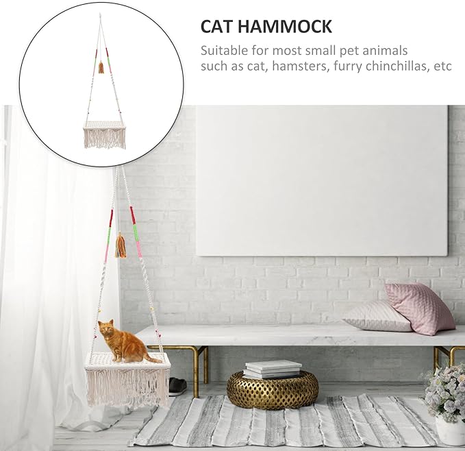 KALLORY Macrame Cat Hammock Bed Hanging Cotton Rope Swing Bohemian Style Decorative Cat Accessory Indoor Kitten Furniture