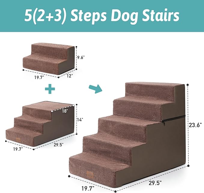 COZY KISS Dog Stairs with Detachable Zipper, 19.7" Extra Wide Right-Angle Pet Stairs for Bed, Anti-Slip Dog Steps for Lowrider and Puppy, Elderly Cats with Support Board, 19.7x29.5x23.6 inch, Brown
