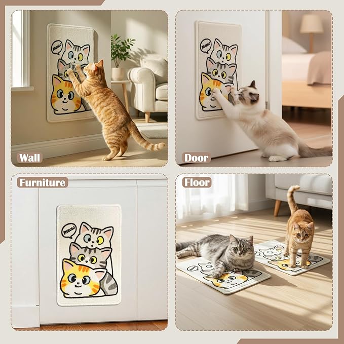 3-in-1 Cat Scratch Mat, 19.69x13.78 Inch High-Density Loop Pile Cat Scratching Pad, Indoor Cat Scratcher Bed & Furniture Protector for Couch Floor Wall