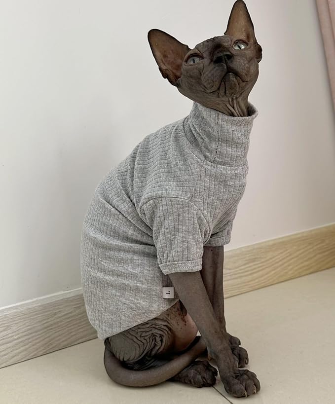 Sphynx Hairless Cats Shirt Cotton Cat Turtleneck Sweater Pullover Kitten T-Shirts with Sleeves Cat Pajamas Jumpsuit for Sphynx Cornish Rex, Devon Rex, Peterbald (Small (Pack of 1), Light Grey)