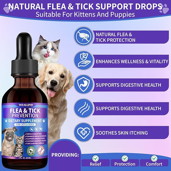 WEALLIN Flea and Tick Prevention Support Drop for Dogs & Cats + 200 Chews for Cats | Pets Oral Natural Supplement Flea and Tick Treatment for All Breeds and Ages