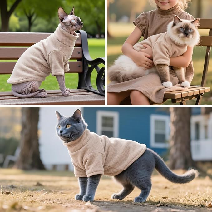 Idepet Sphynx Cat Warm Turtleneck Sweater Hairless Cats Shirt Pullover Kitten T-Shirts Thick Soft Fleece Clothes Cute Outfit Coat Pajamas for Cats and Puppy (Pink, Medium)