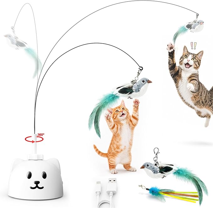 Interactive Cat Toys for Indoor Cats - Automatic Flying Bird Feather Toy, USB Rechargeable Electric Cat Teaser with Sticky Suction Base, Smart Motion Activated Self-Play Enrichment Toy for Bored Cats