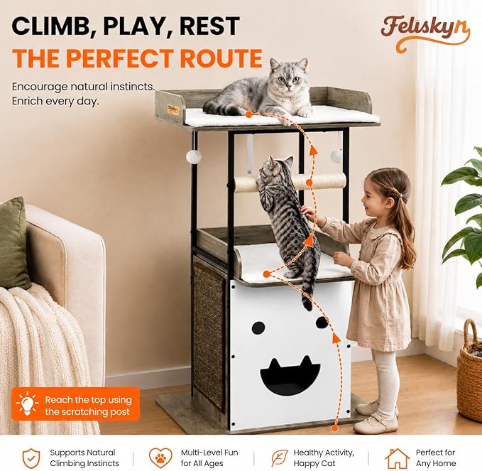 Wood Modern Cat Tree Tower for Indoor Large Cats,48-Inch Tall Wooden Cat Trees with Big Perch Bed, Multi-Level Condo with Scratching Board and Posts, Removable Pads, Cat Furniture, Greige
