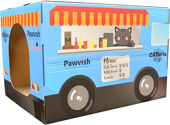 Food Truck Cardboard Cat House and Scratcher, Play House, Scratching Pad, Corrugated Hideaway Cave, Cute Kitty Condos Box, Bed for Indoor Cats, Kittens, Bunny, Fur Babies