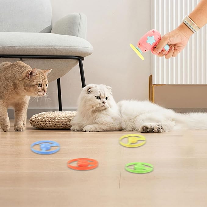 Andiker Cat Fetch Toy, Interactive Kitten Flying Disc Launcher Toy with 5 Colorful Flying Propellers for Cat Enrichment, Flying Saucer Toy for Cats for Training and Chasing (16 pcs)