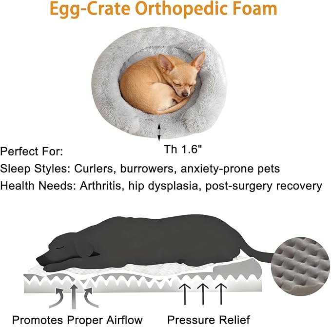 Calming Dog & Cat Beds with Orthopedic Egg-Crate Foam Raised Rim, Soft Fluffy Faux Fur Pet Bed for Small Medium Dogs, Anxiety Relief Spine Support, Machine Washable (Round, Pale Grey 23")