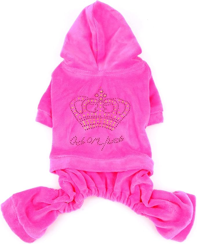 SMALLLEE_LUCKY_STORE Pet Clothes for Small Dog Cat Soft Velvet Crown Jumpsuit Coat Hooide Pajamas Tracksuit Pink XS