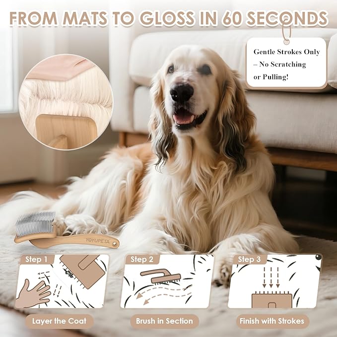 Dog Slicker Brush for Goldendoodles & Poodles - 3-in-1 Dematting Kit with Long Pin Slicker Brush & Dematting Comb - Deep Grooming Tool for Long Haired, Curly Coats, Wooden Handle, Natural