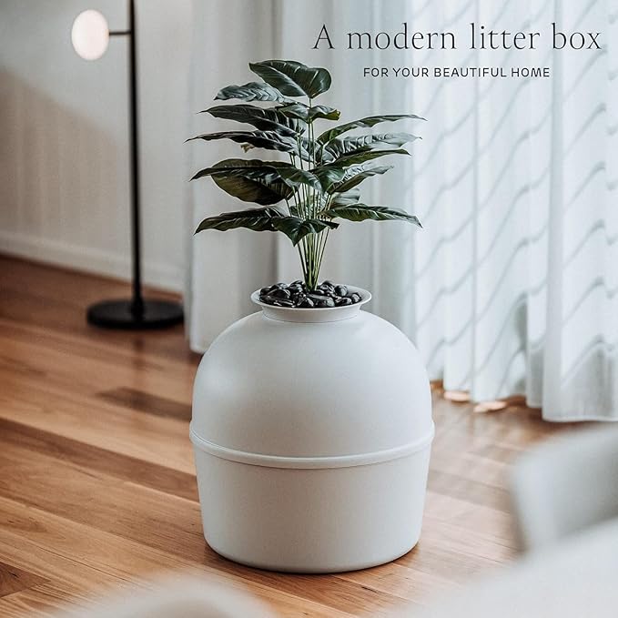Secret Litter Box by Bundle & Bliss - Hidden Litter Box Enclosure, Patented Design with Odor Control, Includes Faux Plant, Carbon Filter and Real Stones (Soft Grey)