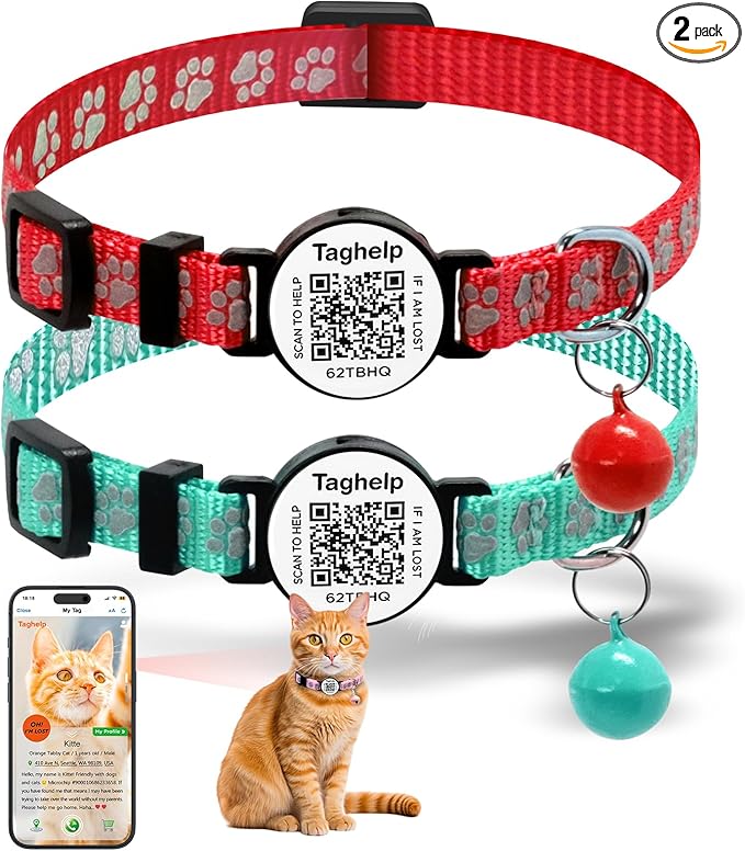 Smart QR Code Cat Collar 2-Pack - Digital Pet ID Tag with Breakaway Safety Design, Reflective Strips & Adjustable Fit for Lost Cat Recovery (Red & Green)