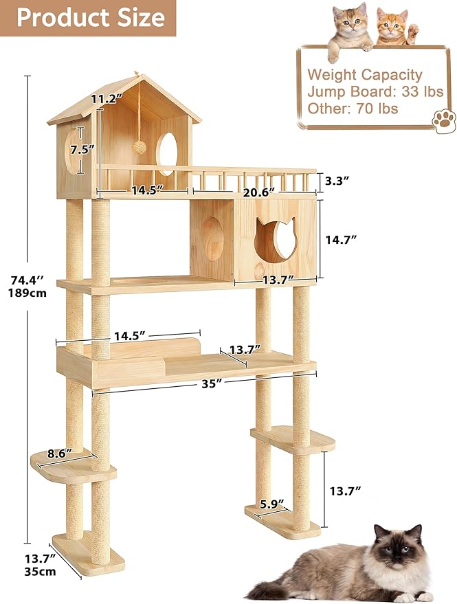 Wood Cat Tree for Automatic Litter Box, 74.4" Tall Cat Tower for Self Cleaning Litter Box, Cats Tree for Indoor Cats Large Adult, 5-Level Solid Wood Cat Furniture w/Scratching Post, House