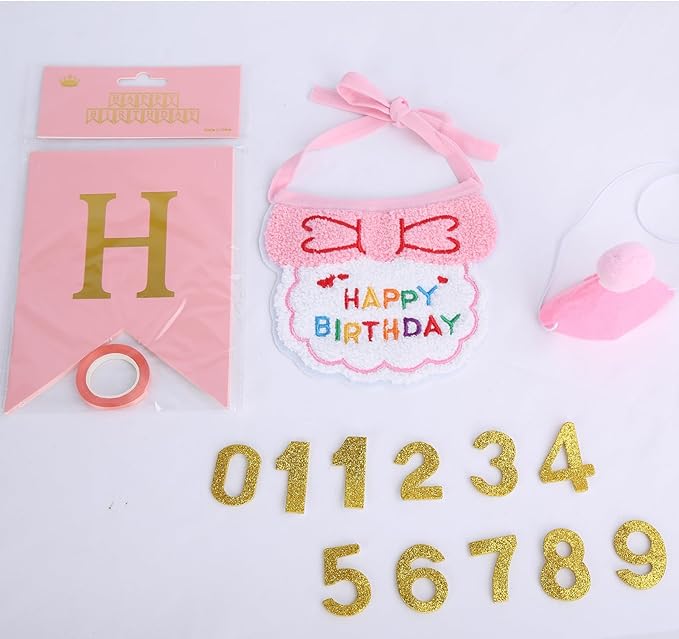 Lasflores Pink Girl Cat Birthday Supplies Set - Kitten Hat, Number Decor & Happy Birthday Banner Outfits