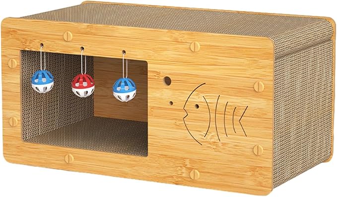 Cat Nest Cat Bed with Scratching Board Activity Toys Non Slip Decoration Multifunctional Crafts Furniture Protection Cat Cardboard Bed, Fish Pattern, L
