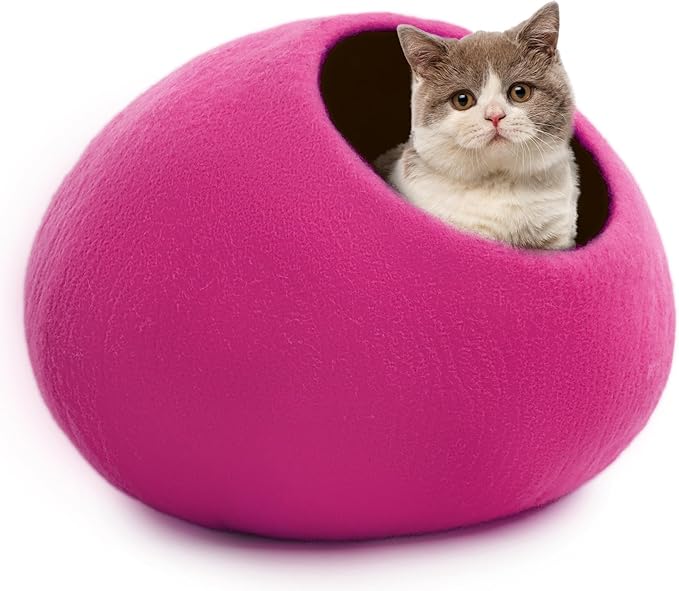Woolygon Premium Felt Cat Cave Bed – Wool Kitty Beds Handcrafted Kitten Caves Bed for Indoor Cats - Made from Merino Wool, Foldable Cat Hideaway Covered Cat House Pod (Pink Plain)
