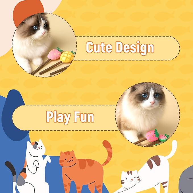 Ptwola 4 Pcs Natural Fruit Silvervine Sticks Cat Kittens Chew Toys Indoor Lollipops Interactive Cat DentalTeething Nip Treat Toys Care Teeth Cleaning for Bored Essentials Increase Appetite Kicker
