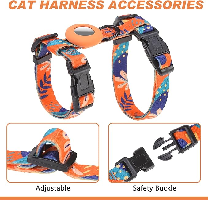 Cat Harness and Leash Set with Airtag Holder for Walking & Travelling, Escape Proof Cat Harness for Small Medium Large Kitten, Adjustable Lightweight Soft Cat Vests(Orange Print)