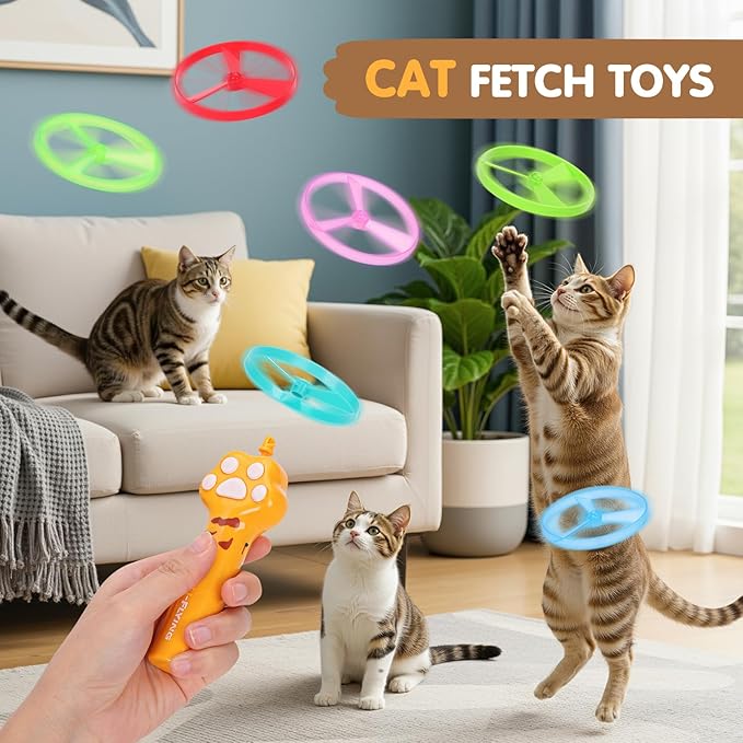 Cat Fetch Toy, Rechargeable Flying Disc Launcher with 6 Flying Discs, Cat Interactive Hunting Toys for Outdoor & Indoor (Yellow)