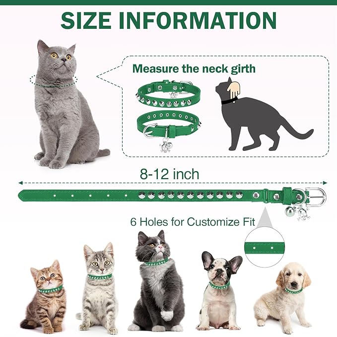 Leather Cat Collars for Boy Girl Cats with Bell and Safety Elastic Belt, Personalized Rivets Stud Adjustable Safe Buckle Collar with Skull Charm for Kitty Small Pets, Green