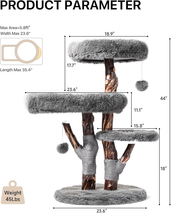Aesthetic Cat Tree Tower for Large Cats, Modern Cat Tree for Maine Coon Indoor Cats with Faux Fox Fur, Maine Coon Cat Tree, Solid Wood Sisal Scratching Post, Perches, Platform & Toy Ball, Dark Gray